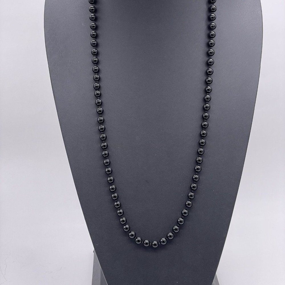 Black Glass Beaded Necklace Knotted Shiny Continuous 32"